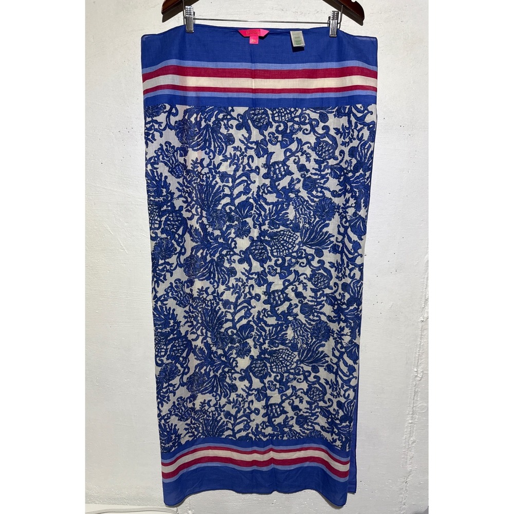 Lilly Pulitzer Sarong Scarf OS Blue White Sea Turtle Cotton Beach Wrap 66x46